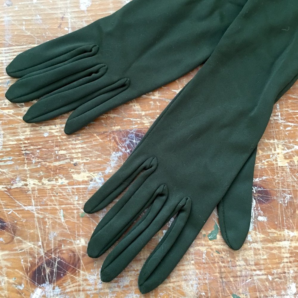 Vintage Forest Green Fabric Gloves, Mid Arm Length, Small